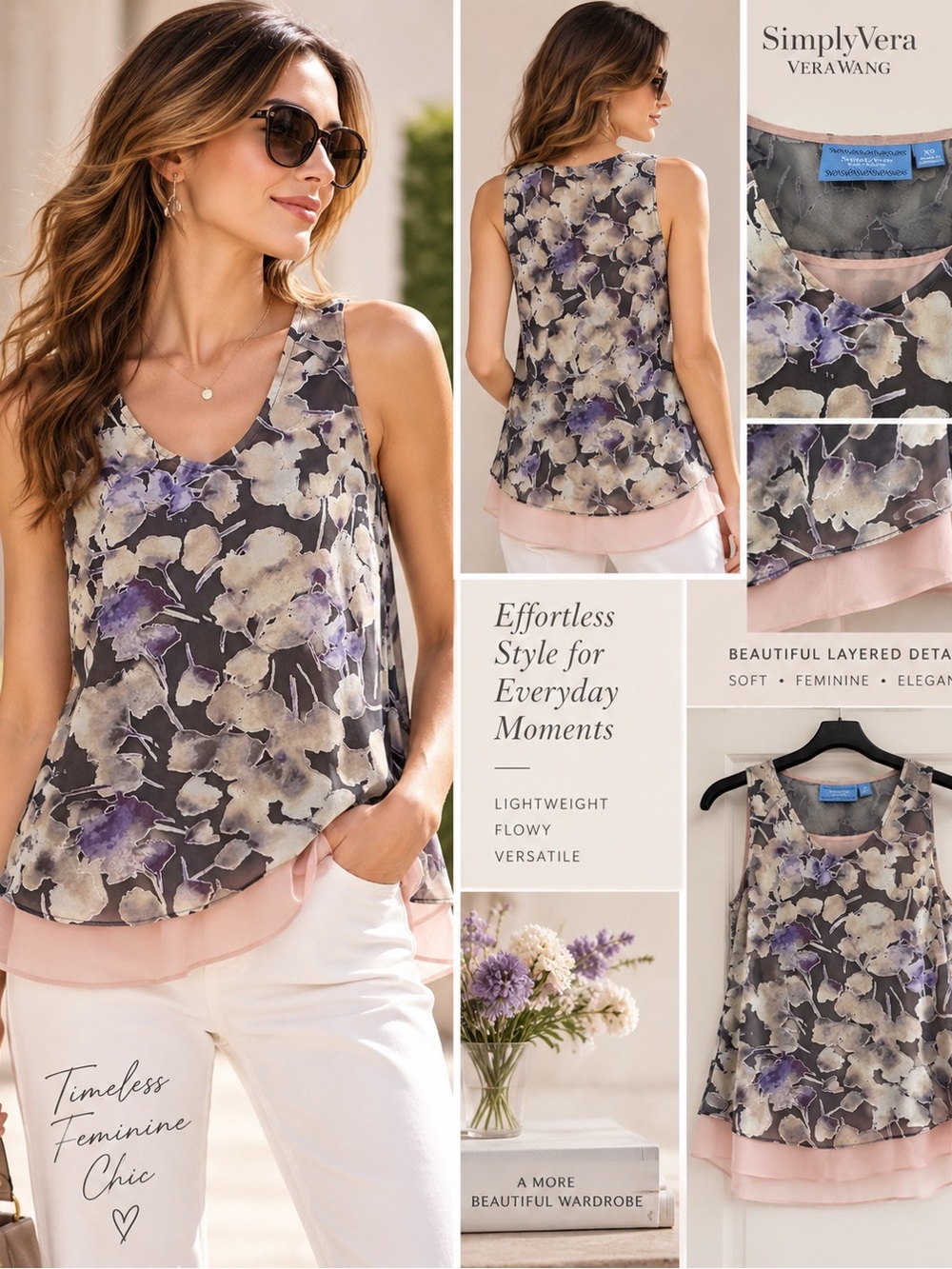 Simply Vera Vera Wang XS Floral Layered Chiffon Tank Top
